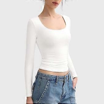 Dam Underdel Toppar Scoop Hals Långärmad Slim Fit Pullover Toppar Enfärgad Hög (M röd)