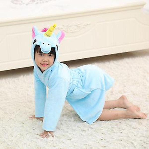 3-10 År Piger Unicorn Flannel Hættetrøje Badekåbe Dressing Gown Bæltet Robe Nattøj (7-8 År Blå)