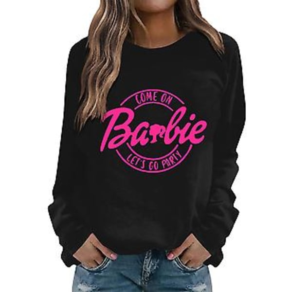 Barbie Dame Trykket Langærmet T-skjorte Genser Pullover Bluse Topper (M Svart)