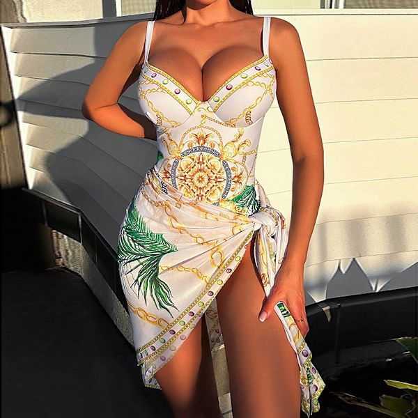 Heldekkende badedrakt med cover-up-sett - Bohofeel kjedeprint push-up badedrakt med strandskjørt sexy badedrakt M hvit