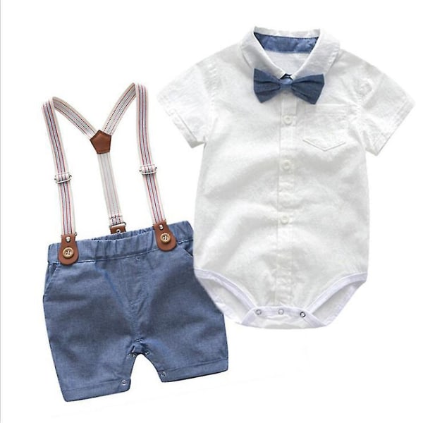 Infant Baby Boys Gentleman Outfits Suits Bowtie Suspenders Shorts Formal Outfit Blue 0-3M