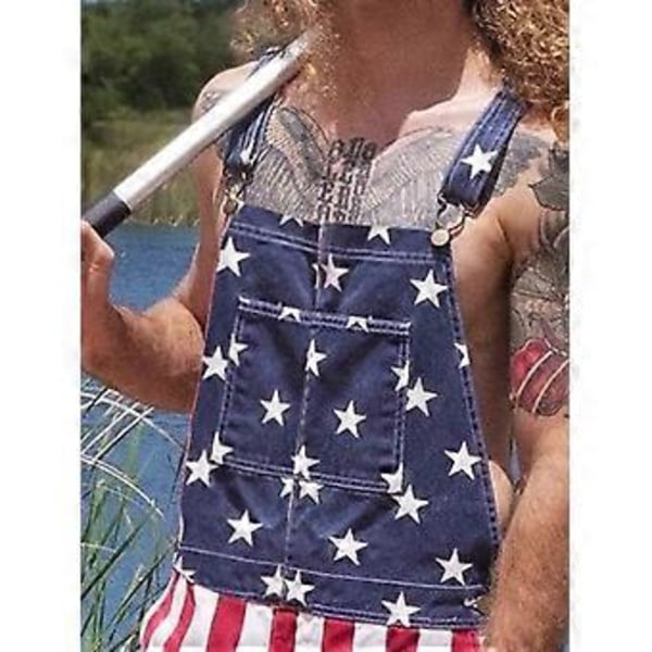 Amerikansk Flagg Overalls Denim Bib Shorts Justerbare Stropper Jeans Shorts Rompers med Lomme(r) Flerfarget