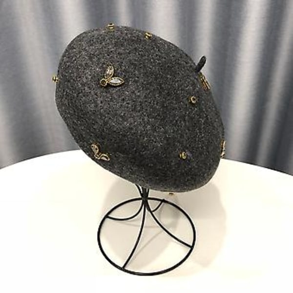 Visrover Vinter Ull Beret Med Krystall Bie Kvinne Ull Caps Vinter Høst Vår Hatt Solid Farge Topp Kvalitet Kvinner Boina ( mørk grå )