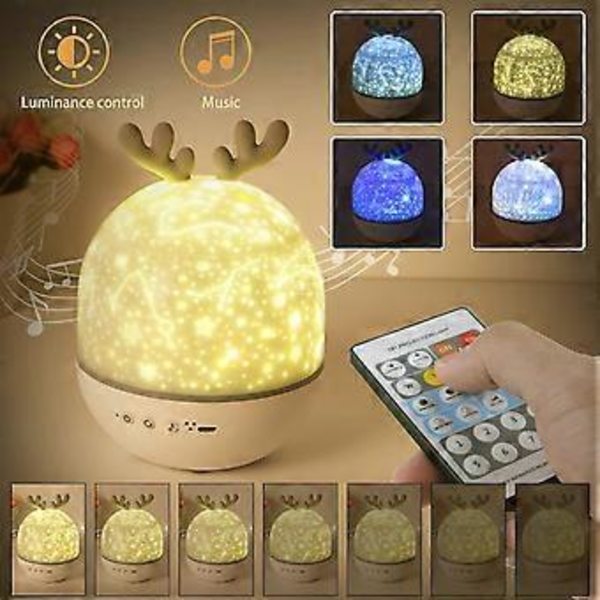 Barne nattlys stjerneprojektorlampe 360° roterende musikk nattlys + timer + fjernkontroll + 6 farger LED stjerneklar himmel baby nattlys