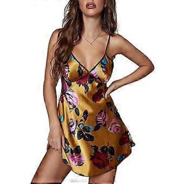 Naisten Satinipaita Painatus Chemise Yöpaita Mekko Hihaton Seksikäs V-Kaula Yöasu Selätön Yöasu (S keltainen)