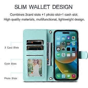 Läderfodral med Plånbok och Rombmönster för iPhone 14 Pro Max (Mintgrön)