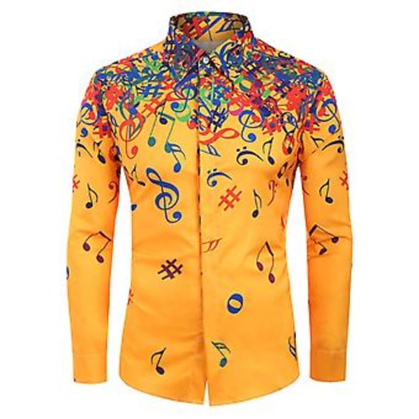 Fianao Casual Herre Høst Musikk Symboler Trykk Lang Ermet Knapper Ned Slank Skjorte (XL Gul)