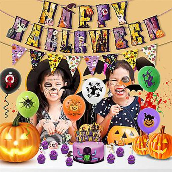 Happy Halloween Festpyntsett Banner Ballong Kake & Cupcakes Toppere For Halloween Tema Bursdagsfest Baby Shower Forsyninger ( )