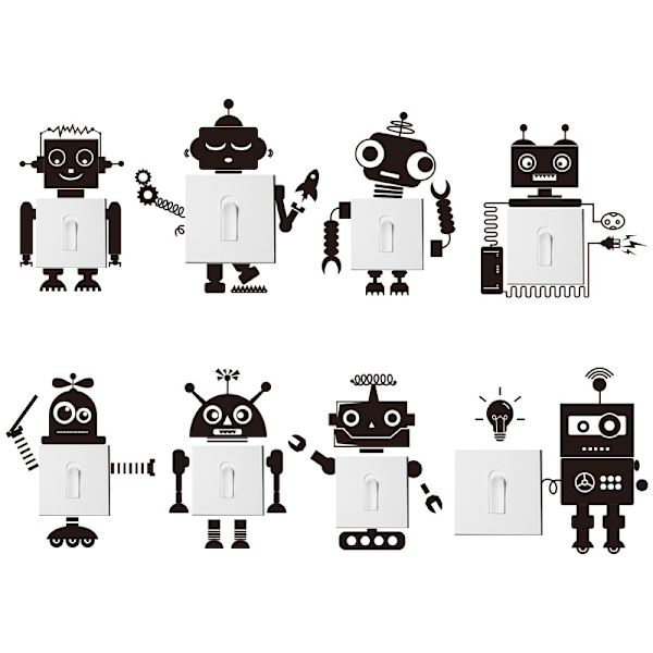 8 väggdekaler, avtagbara väggdekaler, svartvit robot c