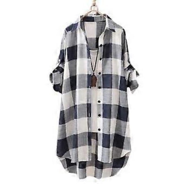 Dame Skjorte Plaid Print Kontrastfarve Uregelmæssig Kant Enkeltknappet Langærmet Revers Oversized Blød Åndbar Top (L blå, hvid)