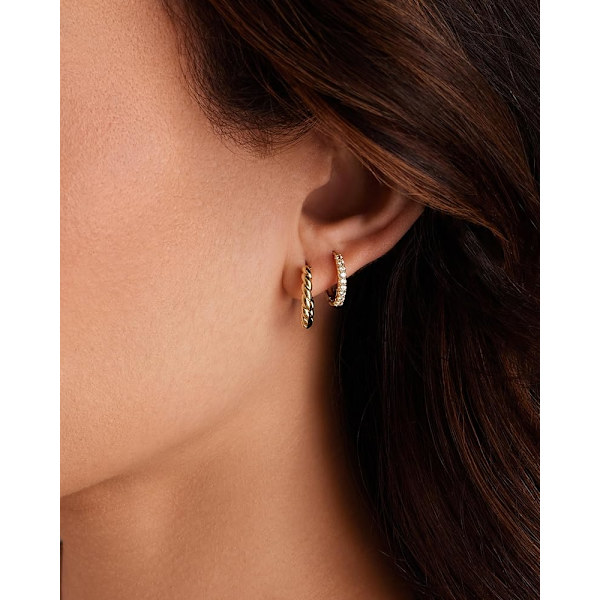 Förgyllda stolpar 3 par små örhängen set | Cubic Zirconia Plain Rope Huggie Hoops för kvinnor | Lätta örhängen