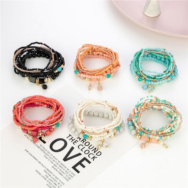 6 stk. Bohemian Stakbare Perle Armbånd Multilag Elastiske Armbånd