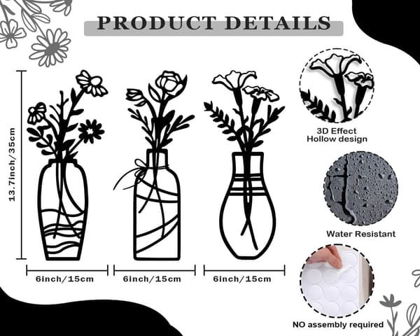 3 delar metallvas blommor väggkonst - Rustik bondgårdsinredning Bl