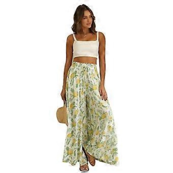 Damebukser Casual Løse Høytaljede Bukse med Snøring og Vid Bein Palazzo Bukse med Lommer (XL FLORAL 4)