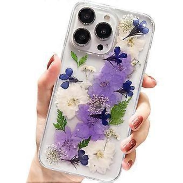 Design för iPhone 13 Pro Skal Blommor, Klar Söt Pressad Torkad Blomma Design Skal Transparent Mjuk Slank TPU Skyddande Blommig Kvinnor (Marinblå Blomma)