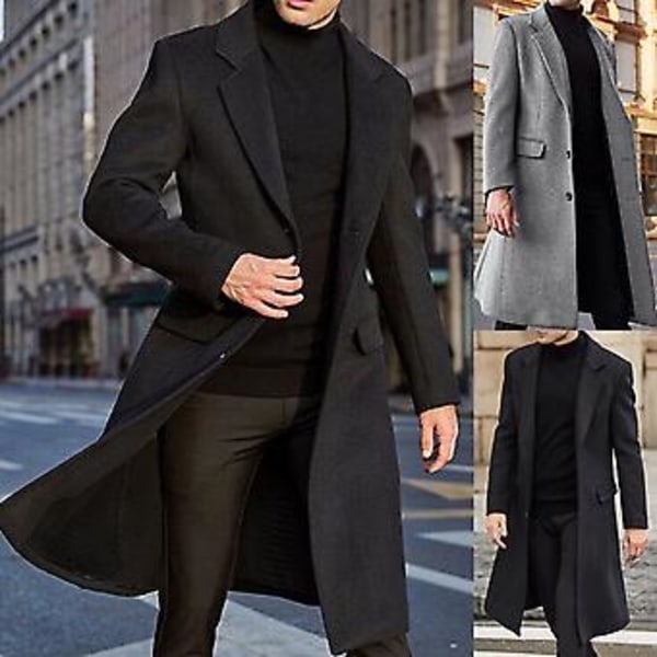 Fianao Vinterjacka för Män med Lång Ärm, Knappar, Överrock, Midilång Trenchcoat (S Grå)