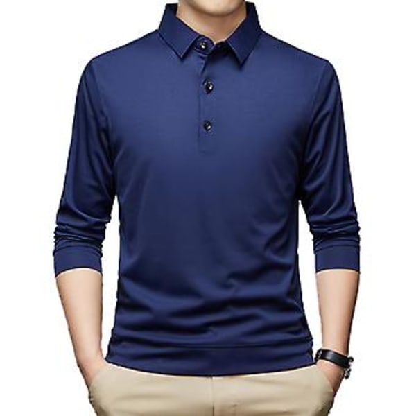 Fianao Skjorte med Knapper ved Halsudskæring, Langærmet, Ensfarvet, Herre, Efterår, Slim Fit, Rever, Kontor, Trøje (2XL Blå)