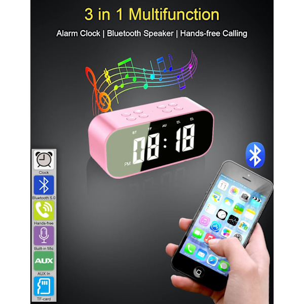 Väckarklocka för sovrum, liten digital klocka med Bluetooth-högtalare, skrivbords klocka med dubbla alarm, snooze, spegel LED-display för flickor, vuxna.
