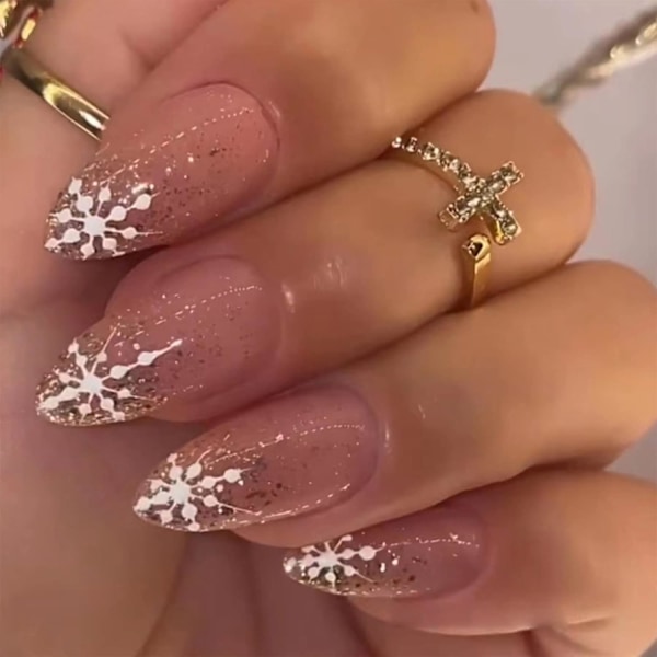 24pcs Christmas False Nails Short Almond, Snowflake Stick on Nail