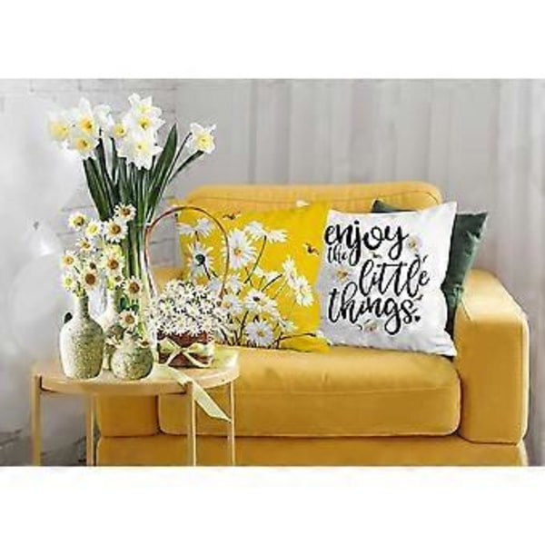 Forårs- og Sommersædehynder 18x18 Tommer Sæt af 4, Landlig Forårs- og Sommerstil Daisy Blomster Gul Sædehynder til Sofa Indendørs Udendørs Gul