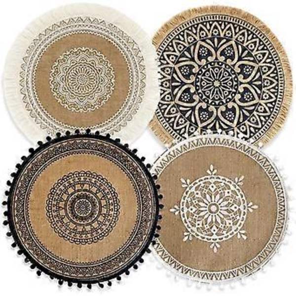 Sæt af 4 Boho Vævede Runde Bordskånere Håndlavede Bordskånere Vævet Jute Kvaster Retro Borddekoration Kant Bomuld Kaffe Skånere Vandafvisende (Boho Mix)