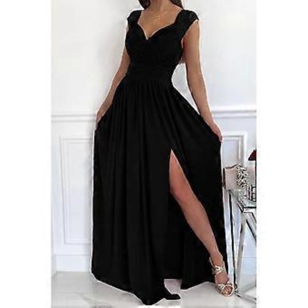 Dam Enfärgad A-linje Slim V-ringad Klänning Ärmlös Spetslapp Backless Split Maxi Lång Klänning (S svart)
