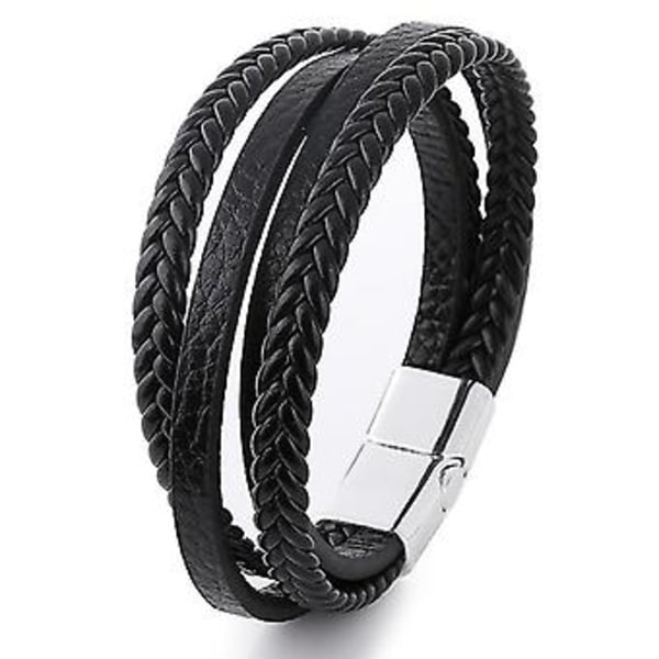 21cm Dropshipping Äkta Läderarmband Män Rostfritt Stål Flerskikts Flätat Reparmband För Man Smycken Armband Homme (H7736-2)