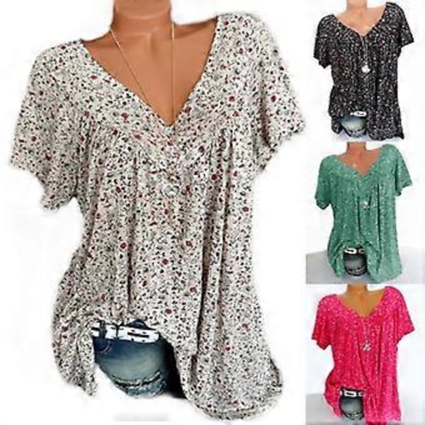 Dam Plus Size Tryckt Kortärmad T-shirt V-ringad Topp Sommar Ledig Lös (M grön)