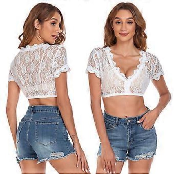 100% Ny Oppgradert Bayersk Oktoberfest Kostyme for Kvinner Tradisjonell Dirndl Bluse Ølhage Crop Top (38 Hvit kort erme)