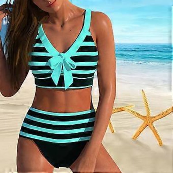 Dame Badedrakt med Skulderstropper, Gråhvit Stripet Bikini, Kort Tank Top Badedrakt (S cyan)