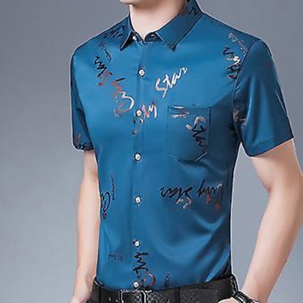 Fianao Mænds Sociale Skjorte med Bogstavlomme Sommer Omslagskrave Slank Top til Fest (2XL Blå)