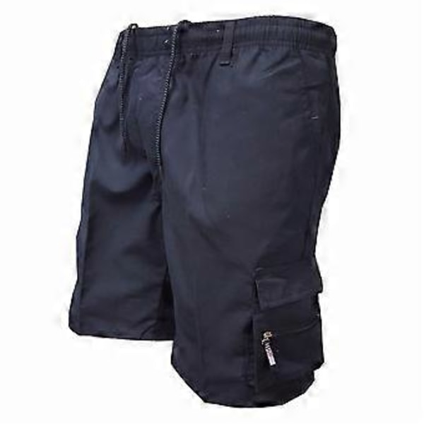 Män Drawstring Plain Cargo Shorts Sommar Casual Kort Byxor Multi Fickor Elastisk Midja Halva Byxor (M Svart)
