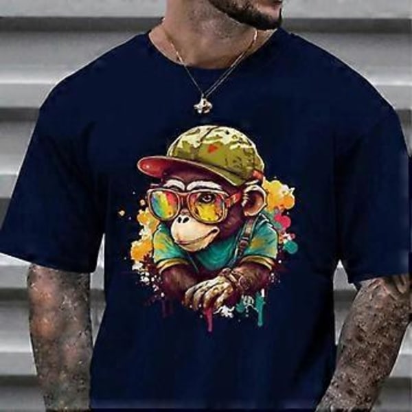 Ny sommar herr mode T-shirt Kreativ tecknad djurapa tryckt herr T-shirt Top(6XL svart)