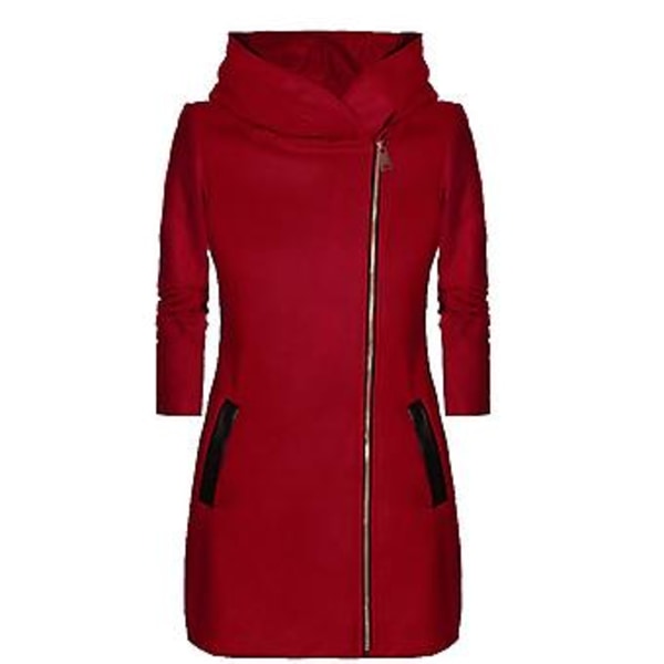 Vinterjakke til kvinder med hætte & lommer Side lynlås Mellem lang frakke (4XL Rød)