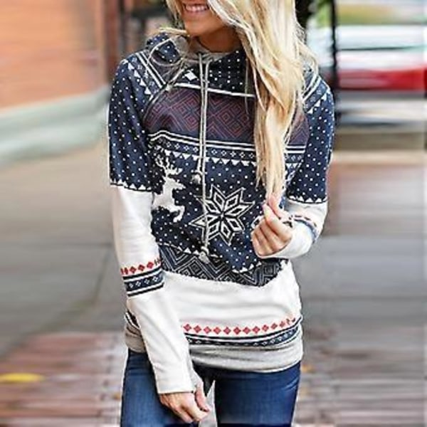 Dametøj Jule Reindeer Print Hoodies Langærmet Hættetrøje Trøje Jule Casual Jumper Tops Med Lommer (S Blå)