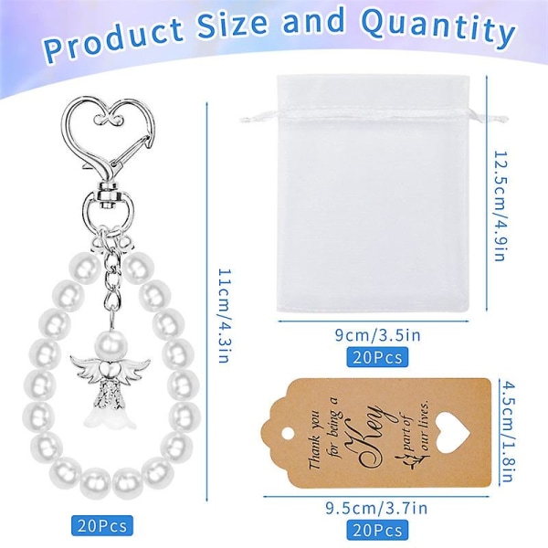 20 Sets Of Angel Keychains Favor, Pearl Beads Angel Pendant Keychain Guardian Angel Keychain With Thank You Tags Drawstring Organza Bag For Wedding Ba