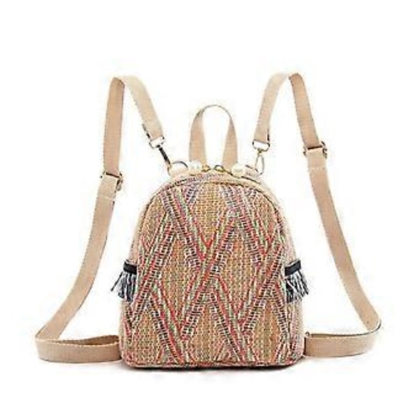 Mini ryggsäck dam vävd fashionabel vävd ryggsäck avslappnad liten väska (mörk khaki)