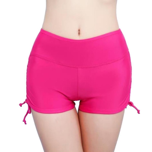 Women Solid Color Bikini Bottom Side Pleated Bandage Beach Swim Shorts.L.Rose Red