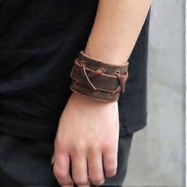 SZTXJ Herre Casual Ekte Bredt Ekte Lær Bredt Brunt Mansjettarmbånd