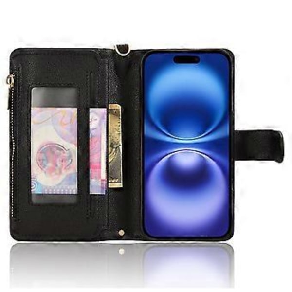 Lærveske med glidelåslomme og 2 stropper til iPhone 16 (Stil C)