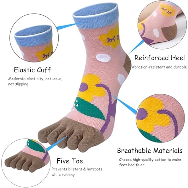 5 Par Blomstermønstrede Fingresokker Kvinder Bomulds Sokker Adskilt