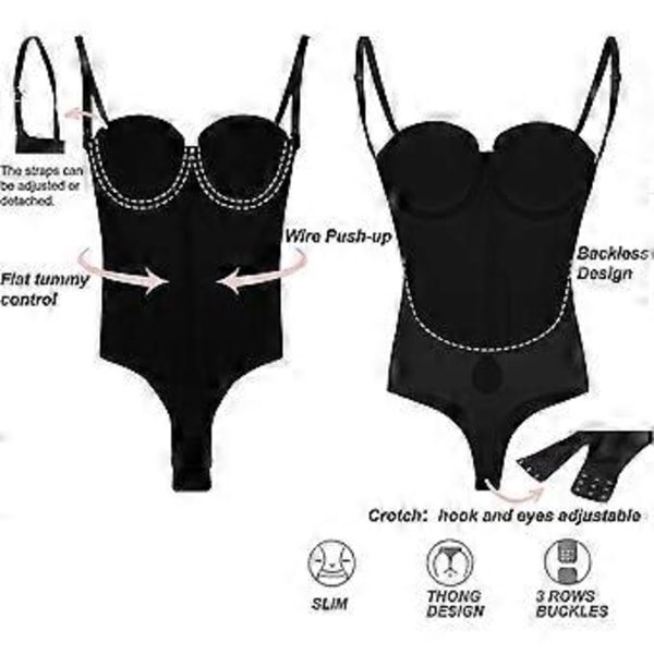 Rygfri Kropsformer Til Kvinder Push Up BH Lav Ryg Thong Bodysuit hurtigt (XL Sort)