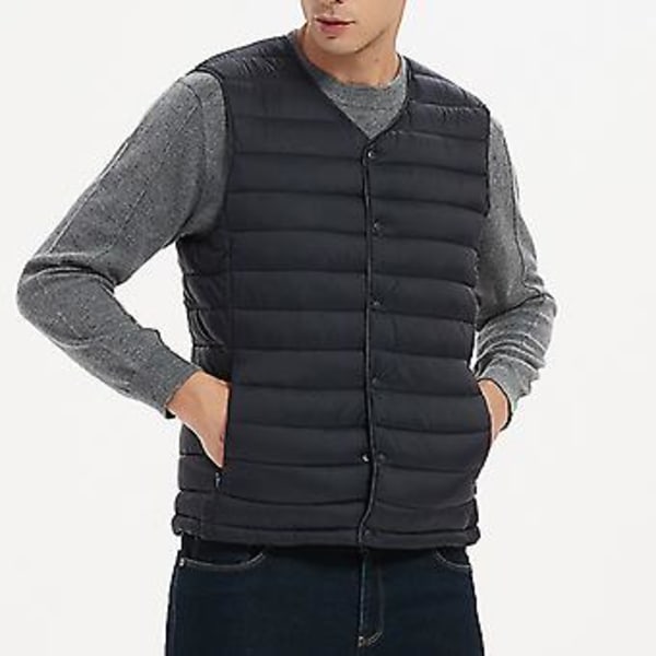 Herrar Vinterväst Enfärgad Vadderad Ärmlös Singelknäppt Cardigan Varm V-ringad Vindtät Vinterväst för Resa (2XL Vinröd)