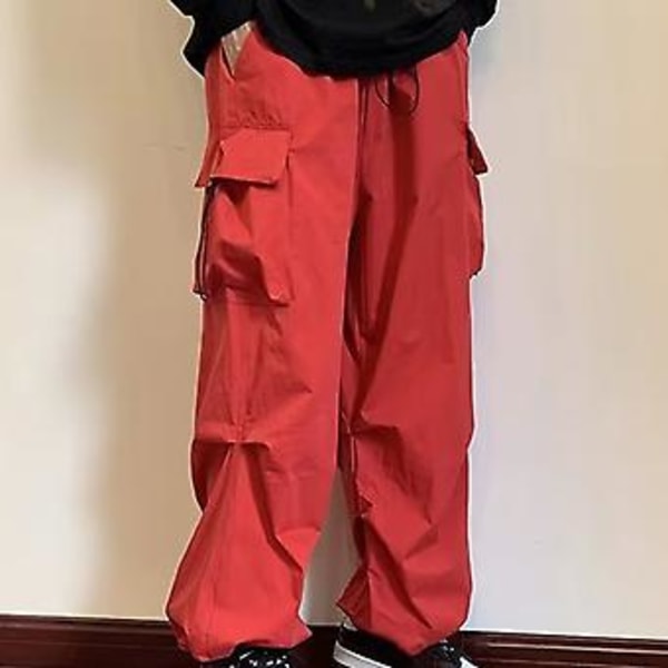 Män Cargo Byxor Snörning Flera Fickor Enfärgad Lös Hip Hop Streetwear Ankelband Elastisk Midja Män Sommarbyxor Manliga Kläder (XL Grå)
