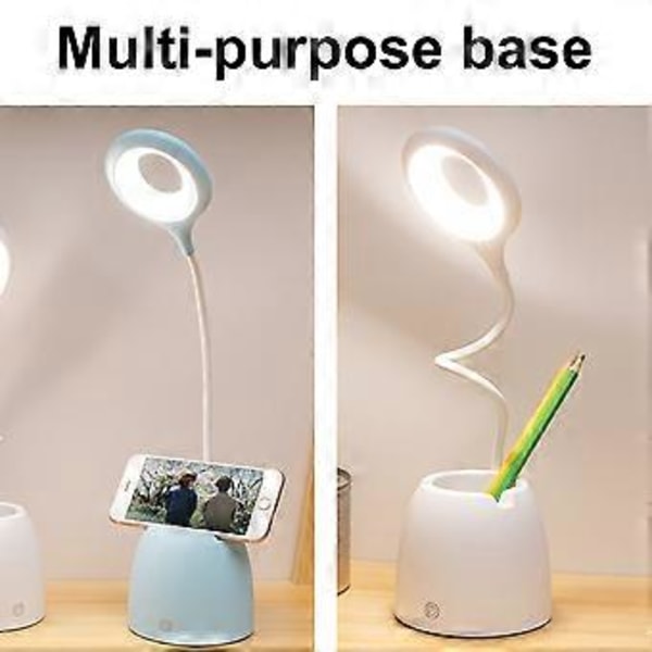 Skrivebordslampe med øyebeskyttelse, 3 lysmoduser og trinnløs dimming, skrivebordslampe med USB-oppladbart 2000mAh batteri, pennholder og telefonstativdesign for