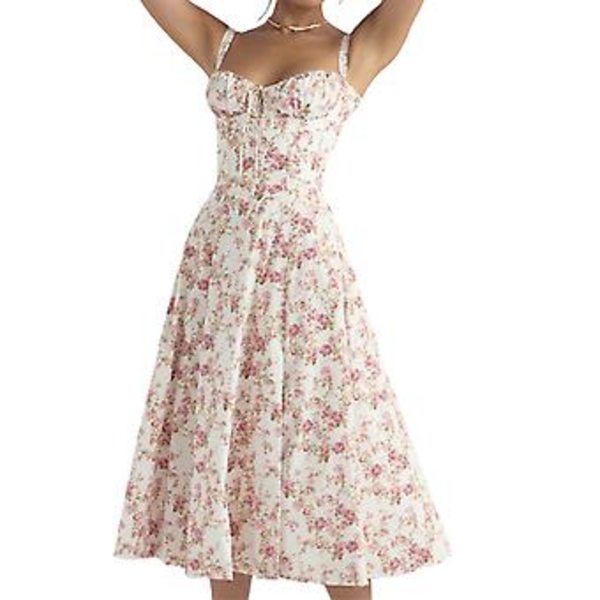 Modetryckt Bustier-Sommarklänning med Snörning och Spets, Ärmlös Klänning för Kvinnor (XL Röd Blomma)