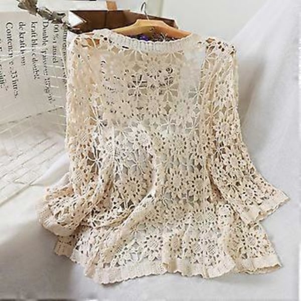Sommar Tunn Mellanlång Ärm Ny Enfärgad Spetsjacka Dam Cardigan Ihålig Stickad Topp Mode Casual Handgjord Tröja (beige)