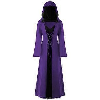 Dame Halloween Hætteklædte Snøre Patchwork Langærmet Lang Kjole i Plus Size (XL Lilla)