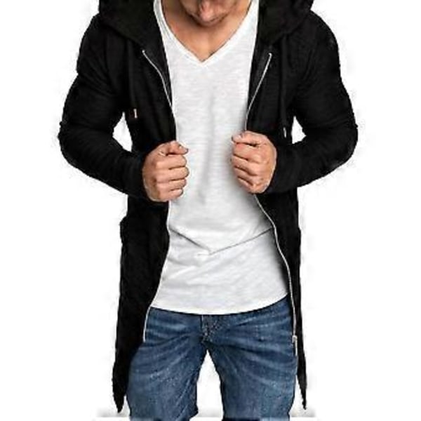 Hoodie Cardigan Mode Farveægte Let Vedligehold Lang Jakke Longline Lynlås Hættetrøjer Herre Hættetrøjer til Klub (XL sort)