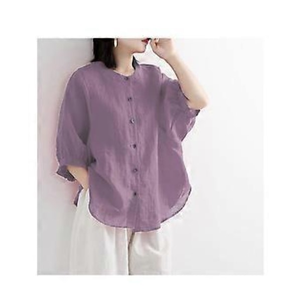 Fritidsskjorter Knap Top Dame Løs Langærmet Oversized Skjorte Dame Bluser Casual (S lilla)